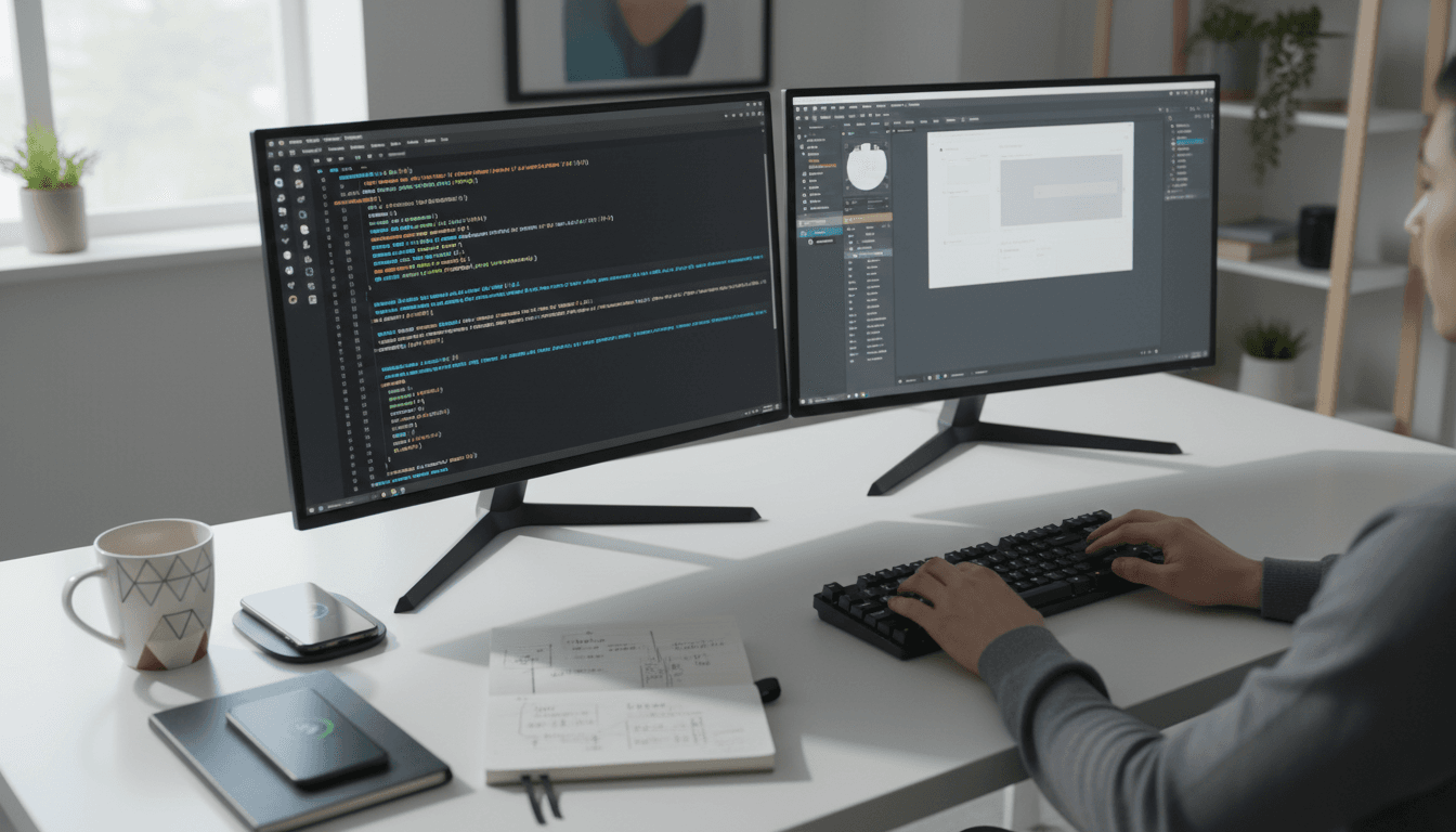 Developer working at desk with code displayed on monitors