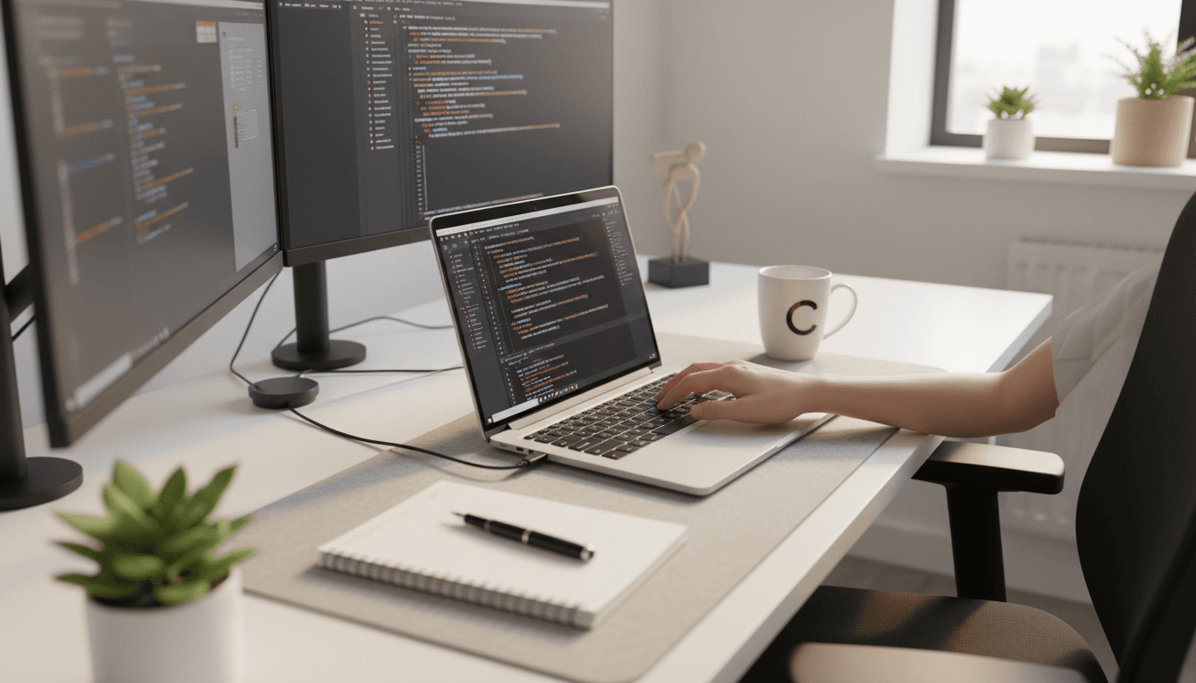 Developer at desk working with code and development tools