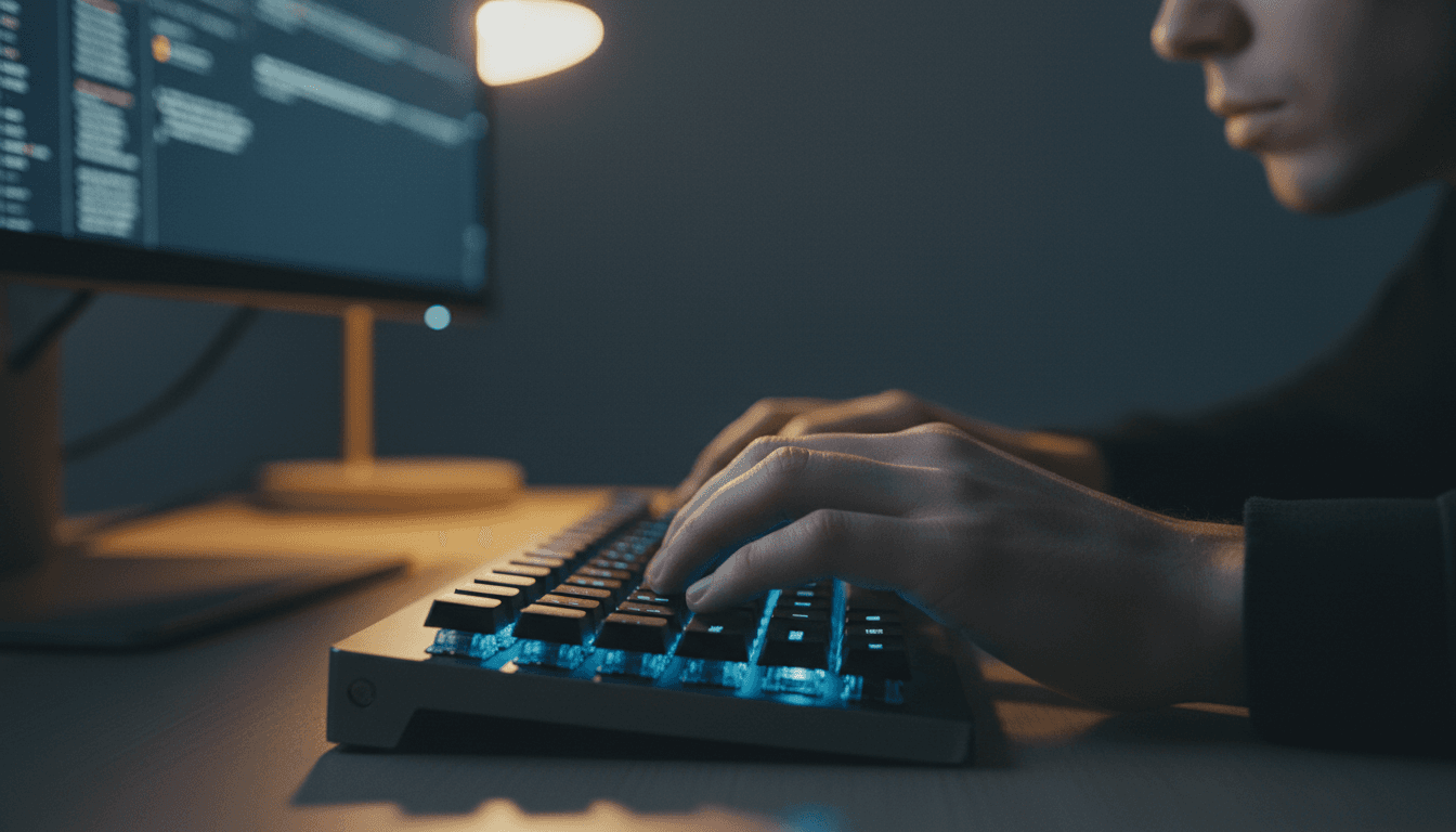 Developer working at keyboard with code on screen
