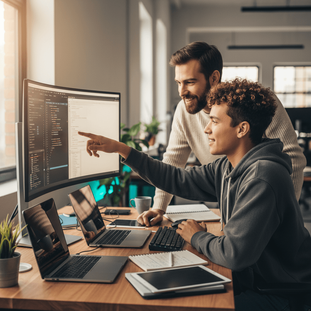 Developers collaborating and reviewing code together