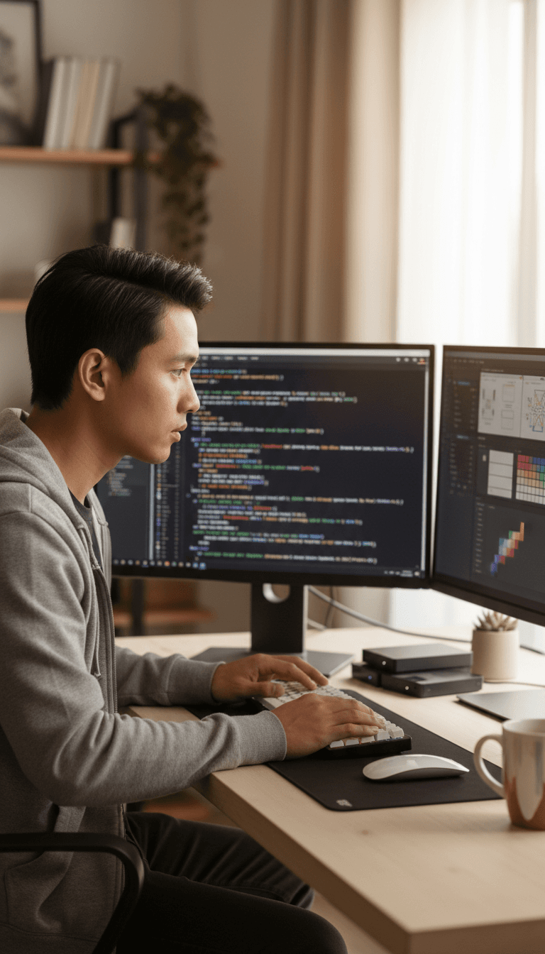 Developer working with tools and software on dual monitors