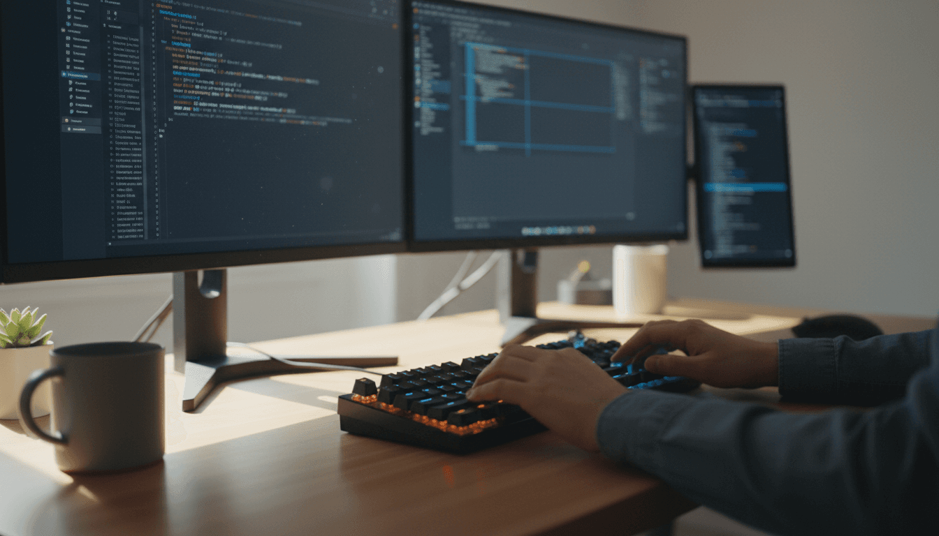 Tech professional working at a modern workspace with multiple monitors